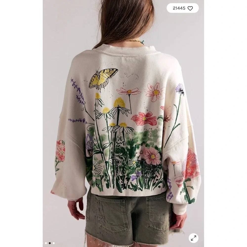 FREE PEOPLE Gaia Floral Sweatshirt XS Oversized Garden Boho Forest Fairy